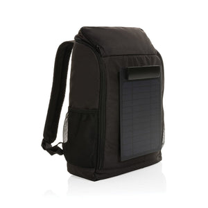 Zaino deluxe Pedro in RPET AWARE™ con pannello solare da 5W nero - personalizzabile con logo