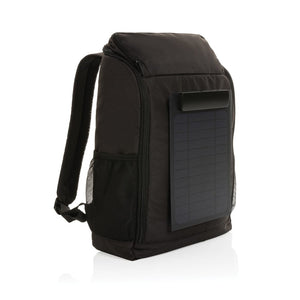 Zaino deluxe Pedro in RPET AWARE™ con pannello solare da 5W nero - personalizzabile con logo