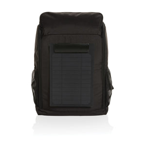 Zaino deluxe Pedro in RPET AWARE™ con pannello solare da 5W nero - personalizzabile con logo