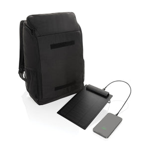 Zaino deluxe Pedro in RPET AWARE™ con pannello solare da 5W nero - personalizzabile con logo