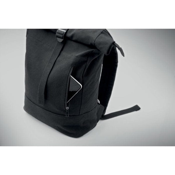 Zaino Rolltop per laptop cotone riciclato Nero - personalizzabile con logo