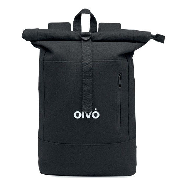 Zaino Rolltop per laptop cotone riciclato Nero - personalizzabile con logo